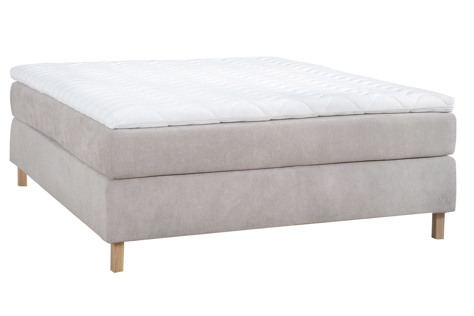 Premium 10 kontinentalseng 150x200 cm i tekstil Storm 09 mørk beige med medium/fast fasthet, Premium 10 overmadrass og firkantet hvitoljede eikeben 15 cm