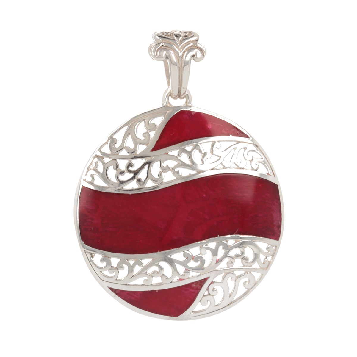 Pendentif ADEN en Corail rouge  Argent massif rond effet vague