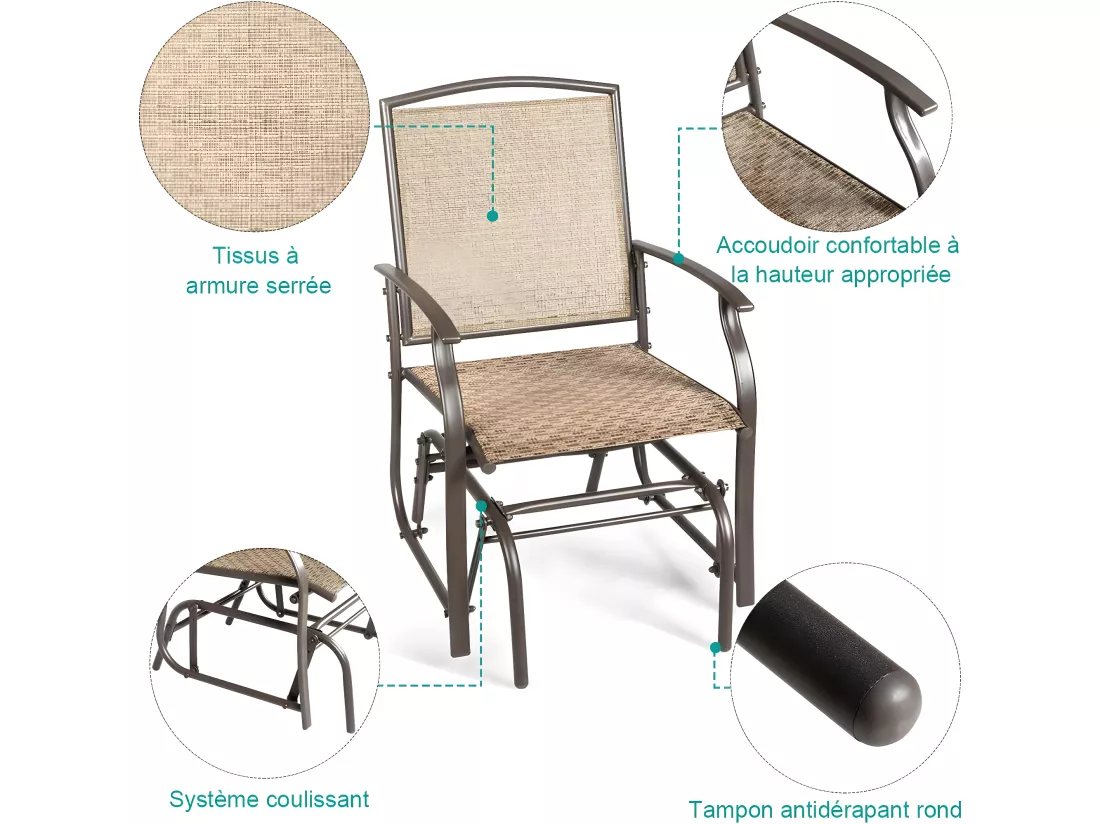 Fauteuil à Bascule Jardin avec Accoudoirs, 58 x 70 x 94 cm Charge Max.150KG