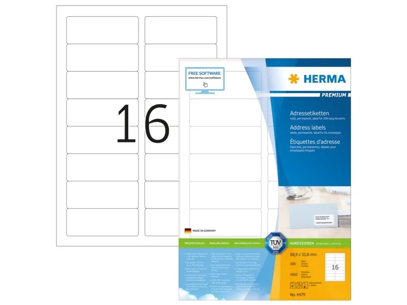 HERMA Premium - Papir - mat - permanent selvklæbende - hvid - 88.9 x 33.8 mm 1600 etikette(r) (100 ark x 16) laminerede adressemærkater