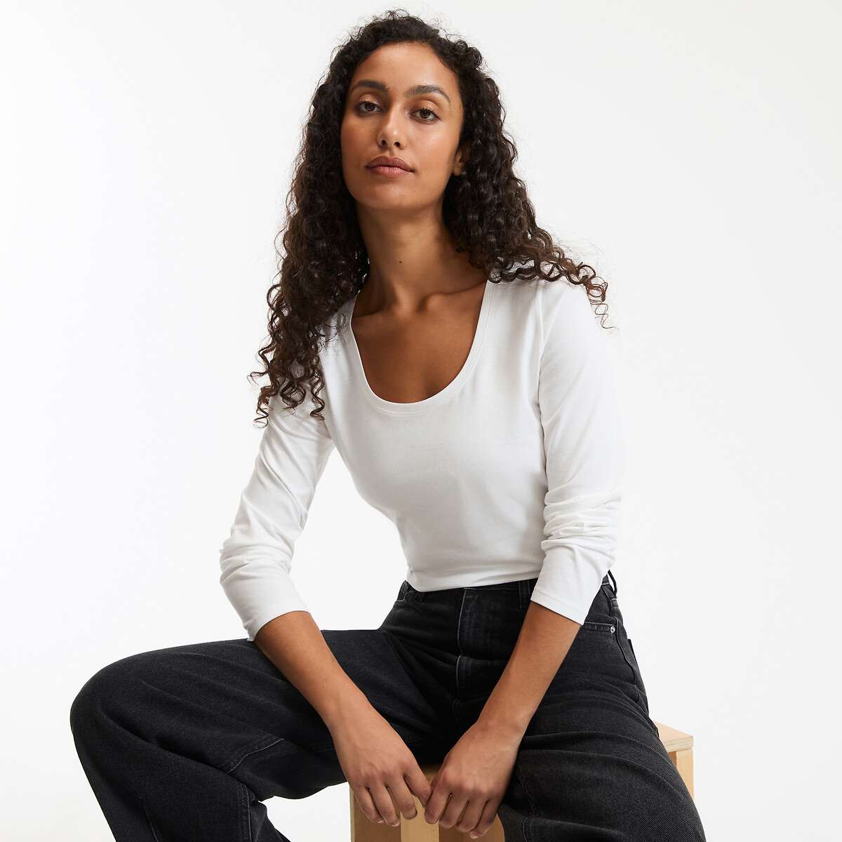 COLEÇÕES LA REDOUTE<br>Camiseta de algodão orgânico, gola redonda, mangas compridas