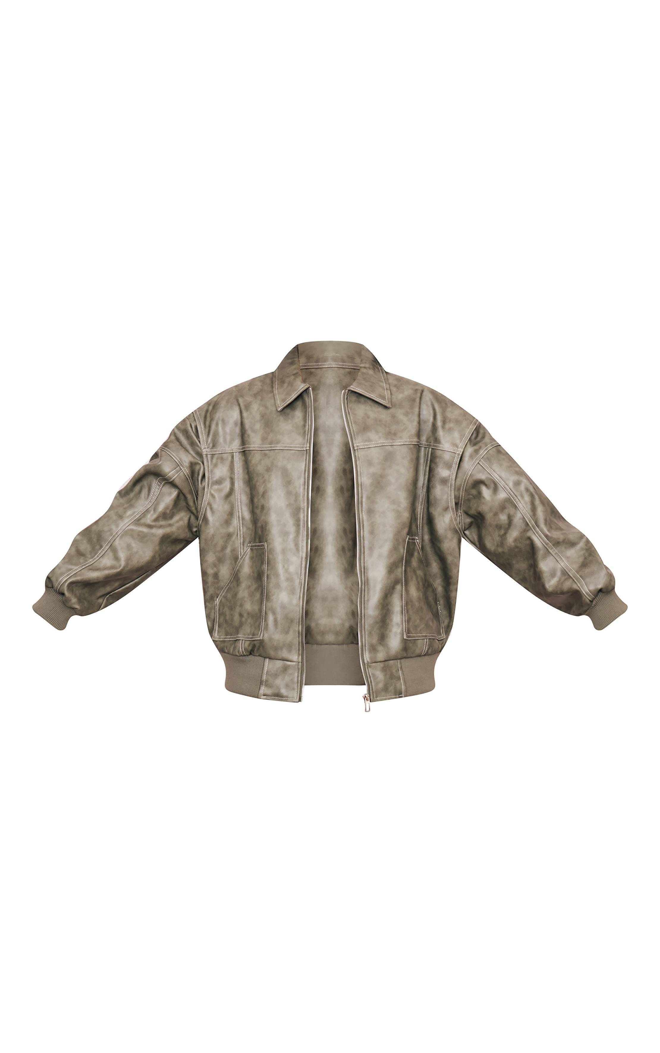 Washed Green Veste Bomber Longue Oversize En Synthétiquecuir Effet Vieilli