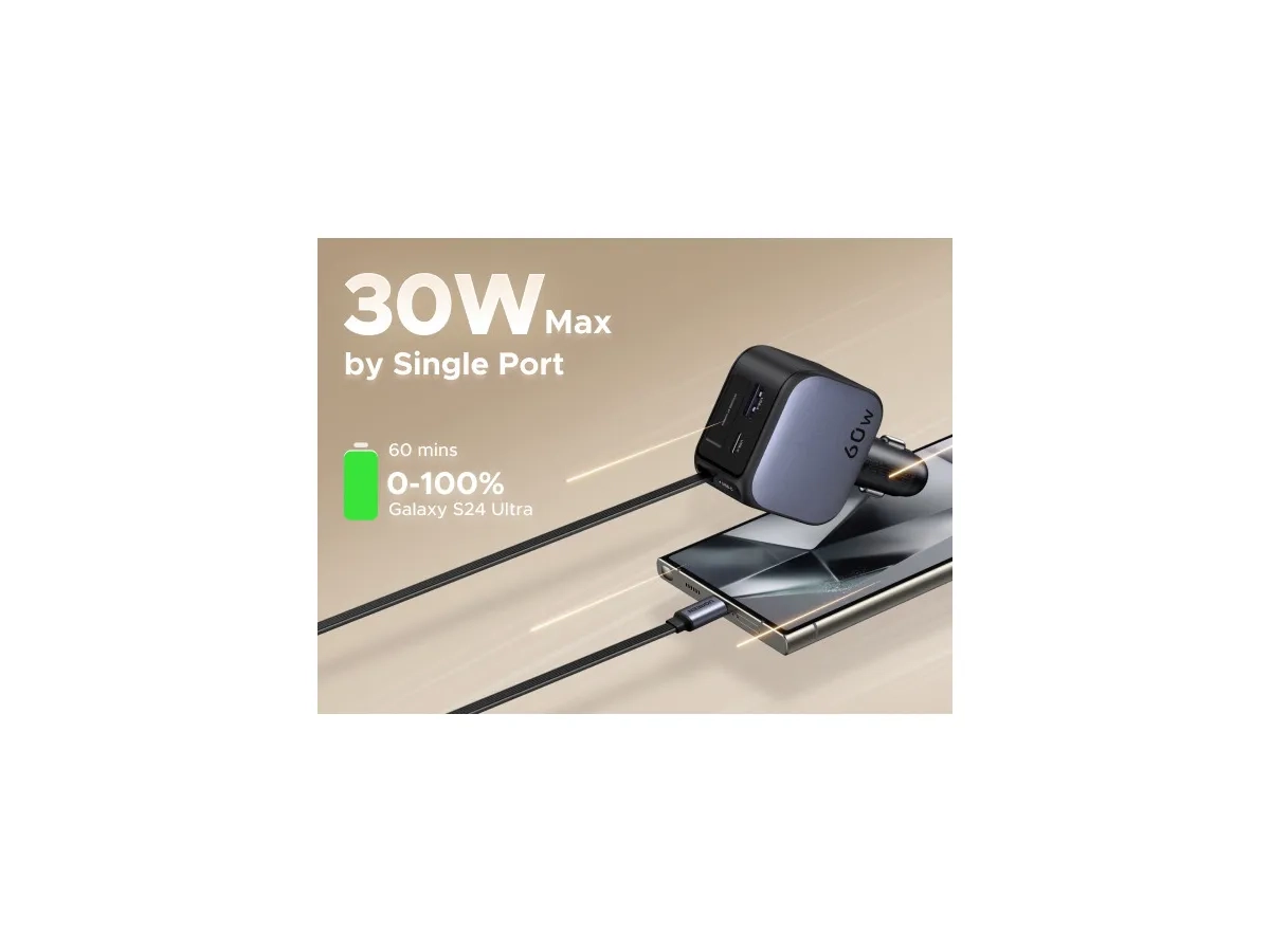 (60W) USB C / USB A Auto Ladegerät Fast Car Charger mit ausziehbarem USB C Ladekabel (55212B) - Silber / Schwarz