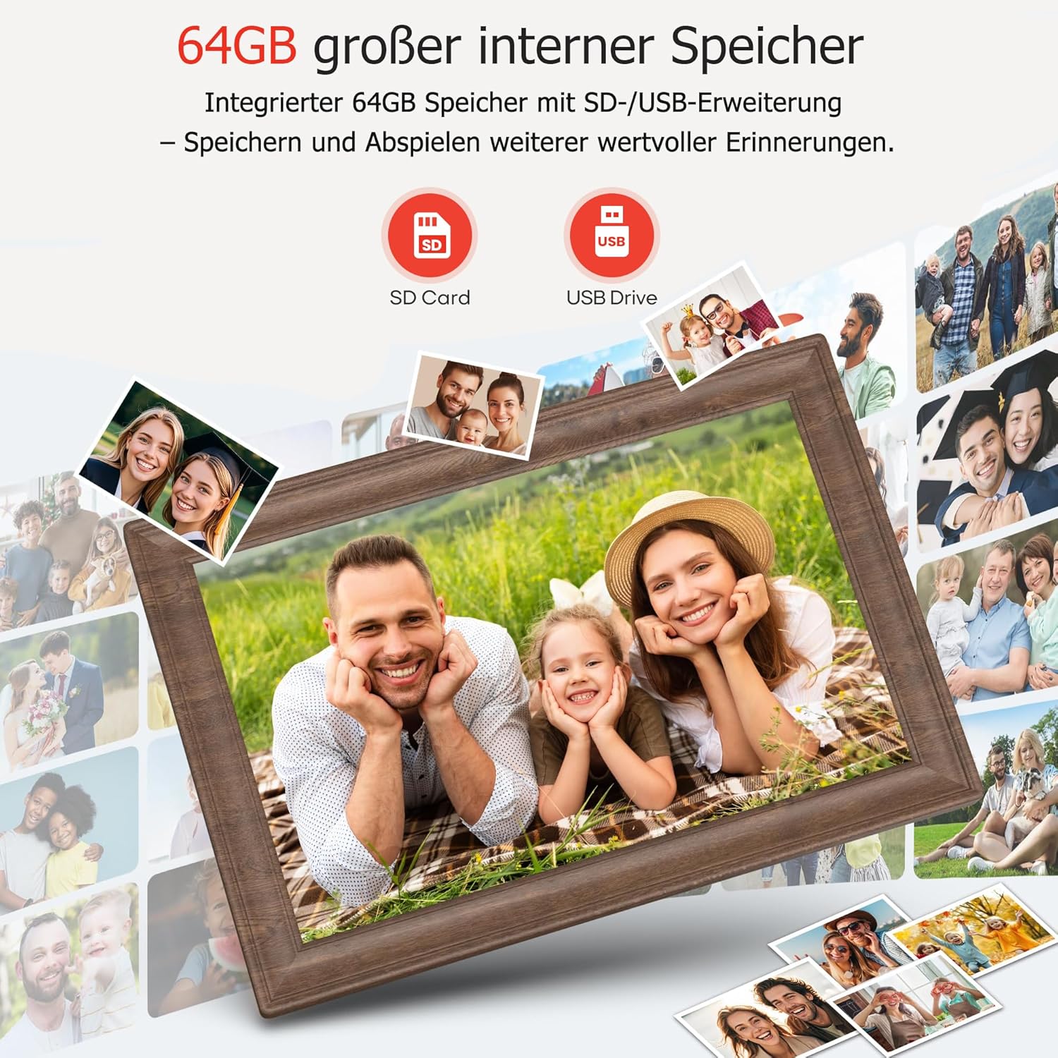 64GB FRAMEO 15.6 Zoll Digitaler Bilderrahmen 64GB Holzmaserung - FHD 1920 * 1080P IPS Touchscreen Digitale Bilderrahmen Auto Rotation Elektronischer Fotorahmen, Teilen Sie Fotos/Videos Sofort