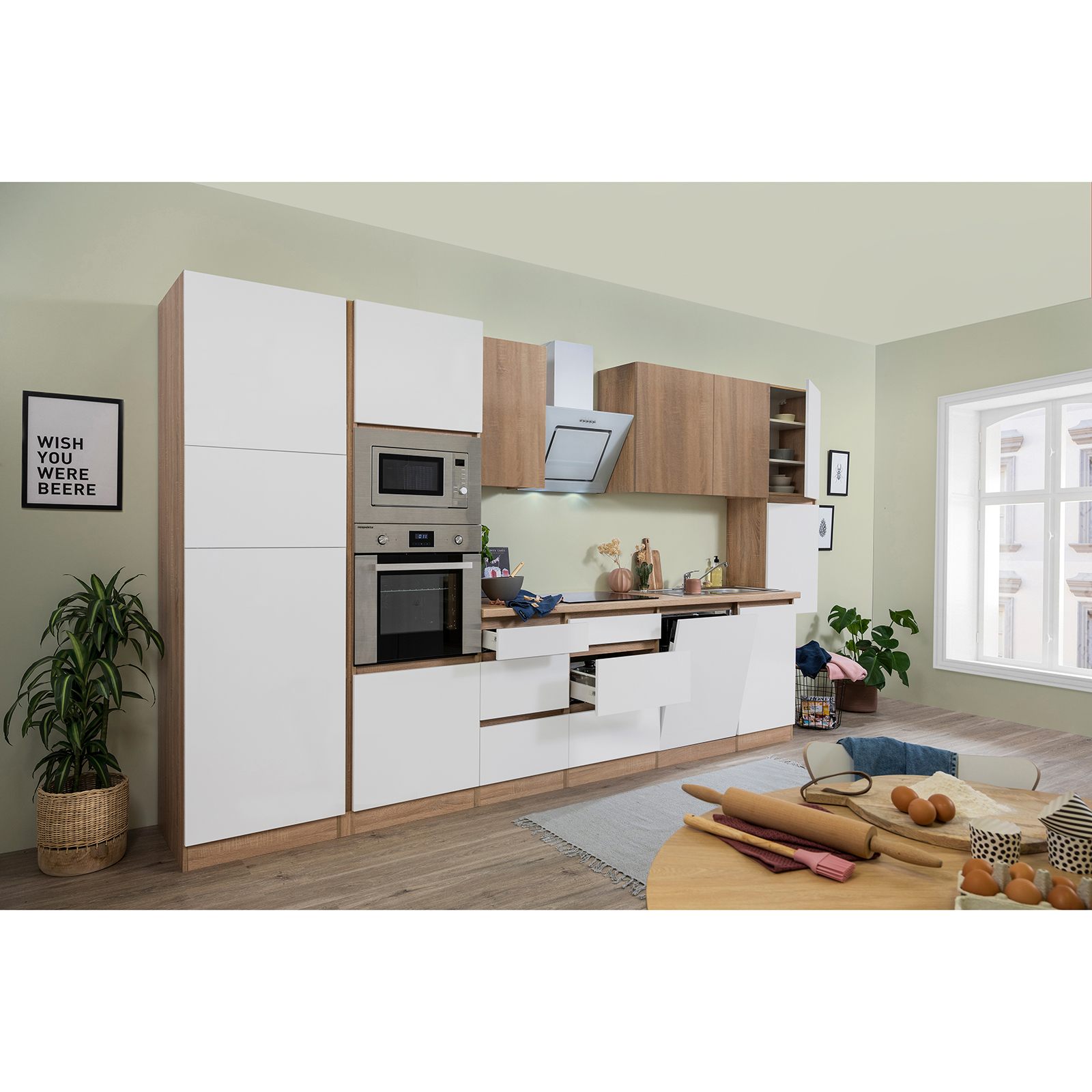 RESPEKTA Küchenblock - weiß Hochglanz-Eiche Sägerau - mit E-Geräten - 395 cm