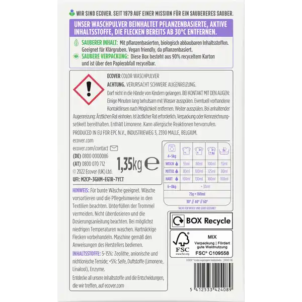 Colorwaschmittel Pulver Lavendel & Eukalyptus 18 WL