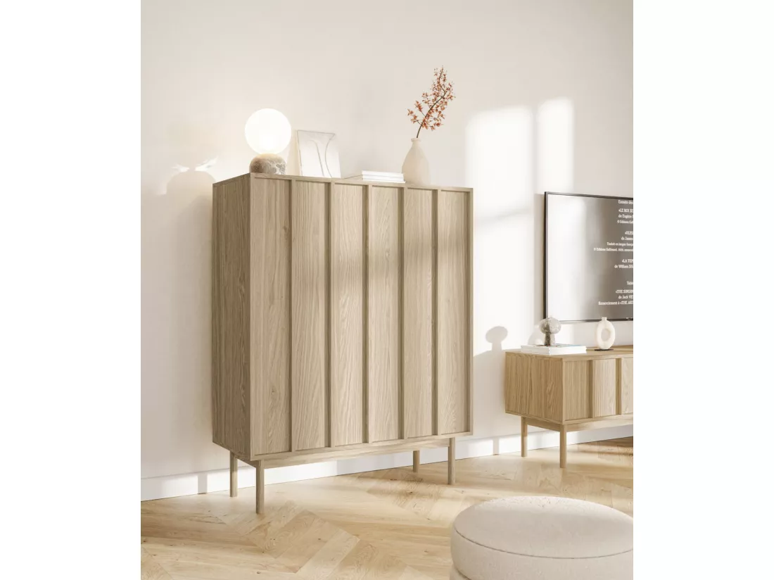 Commode haute à deux portes - 100 cm - couleur de bois chêne huilé - NEKSTO
