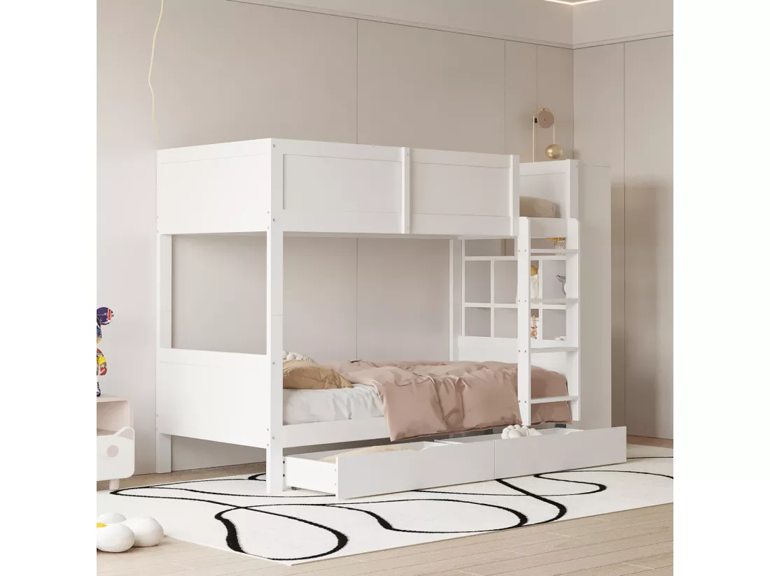 lit superposé 90 x 200 cm,lit enfant avec meuble de rangement, deux tiroirs de rangement, sommier à lattes,blanc