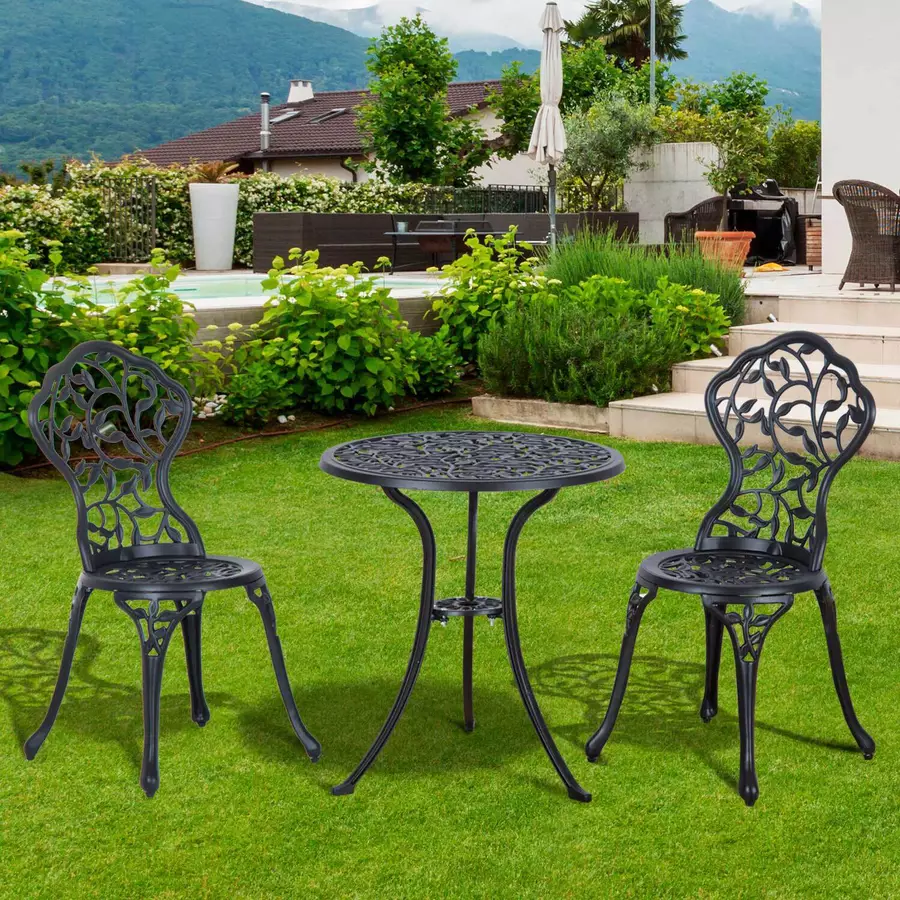 Outsunny Bistroset mit 2 Stühlen und Tisch mit Blätter-Design schwarz