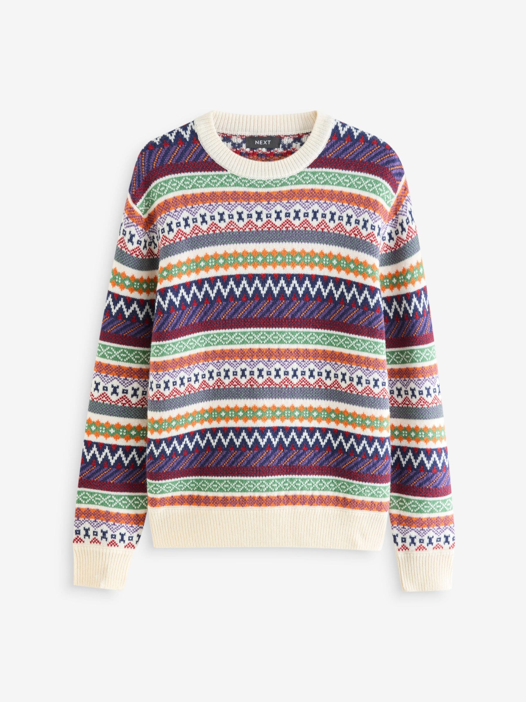Meerkleurig/ecru-wit - Ronde hals - Regular-fit trui met fair isle-patroon en wol
