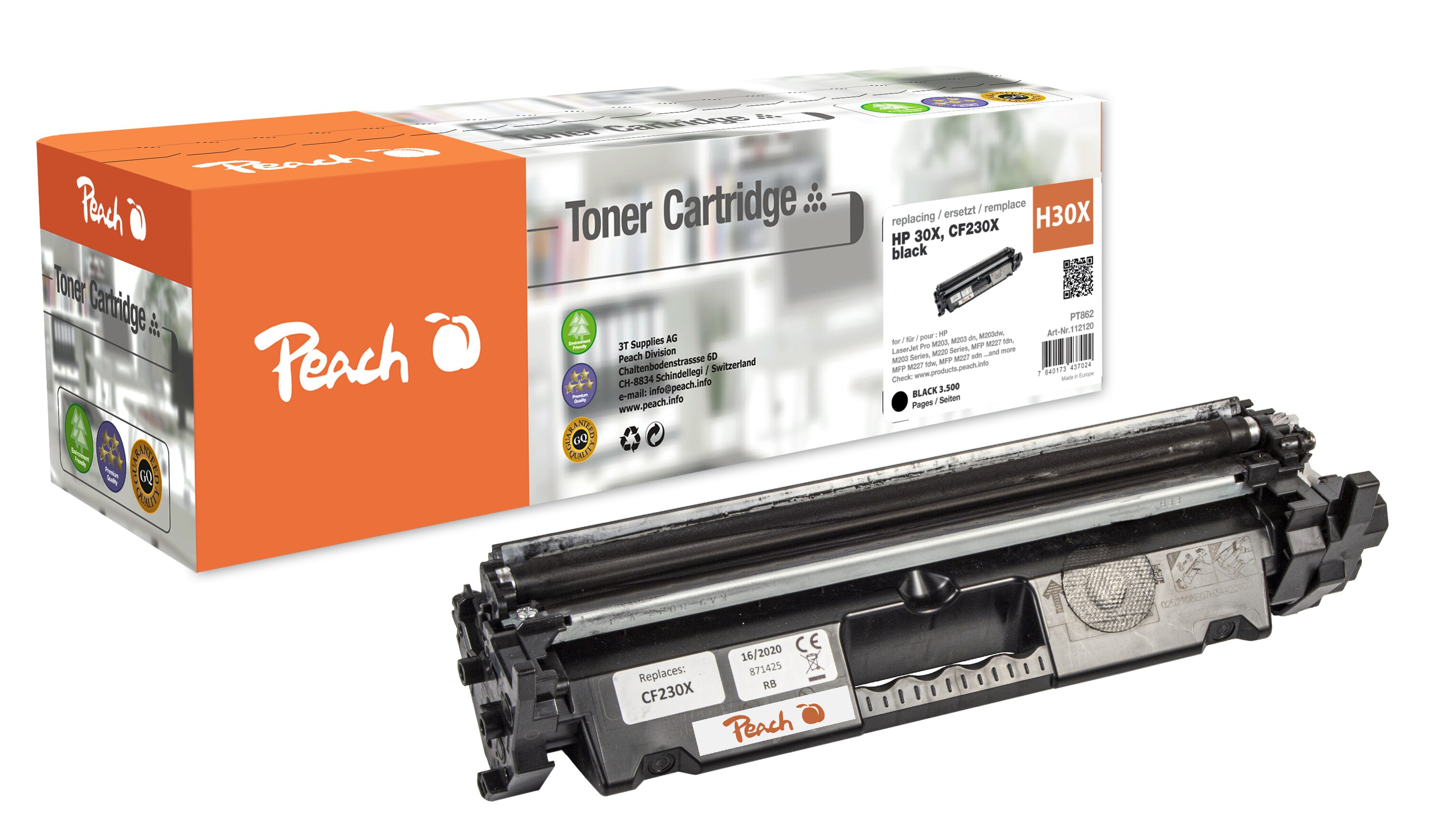 Peach HP 30 X Toner XL bk ersetzt HP No. 30X, CF230X für z.B. HP LaserJet Pro M 203, HP LaserJet Pro M 203 dn, HP LaserJet Pro M 203 dw (wiederaufbereitet)