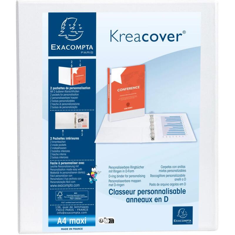 Classeur PP personnalisable Kreacover - 4 anneaux en D 20mm - A4 maxi - Blanc