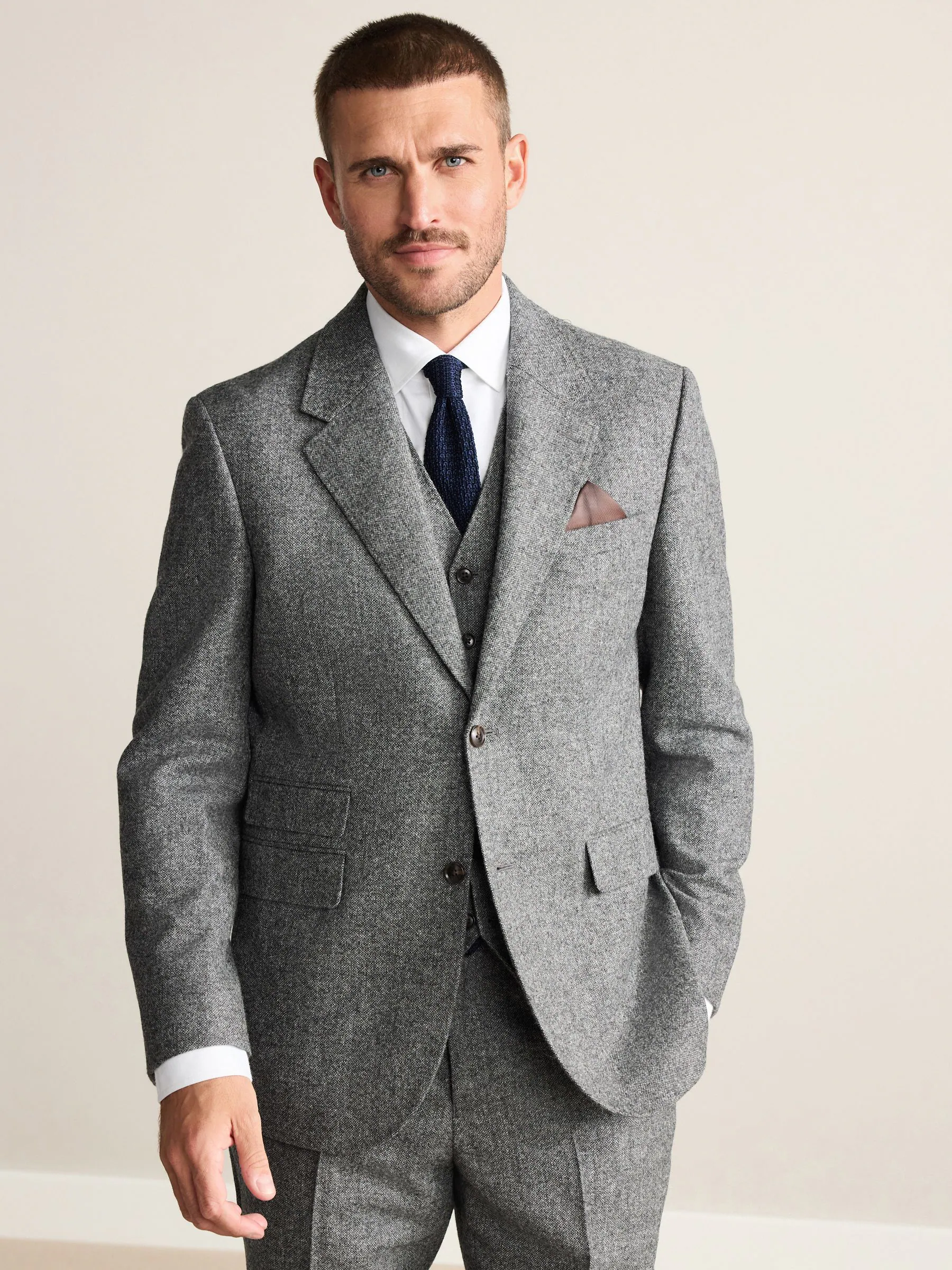 Grijs - Tailored Fit Signature Abraham Moon 100% British Wool Donegal Suit Jacket