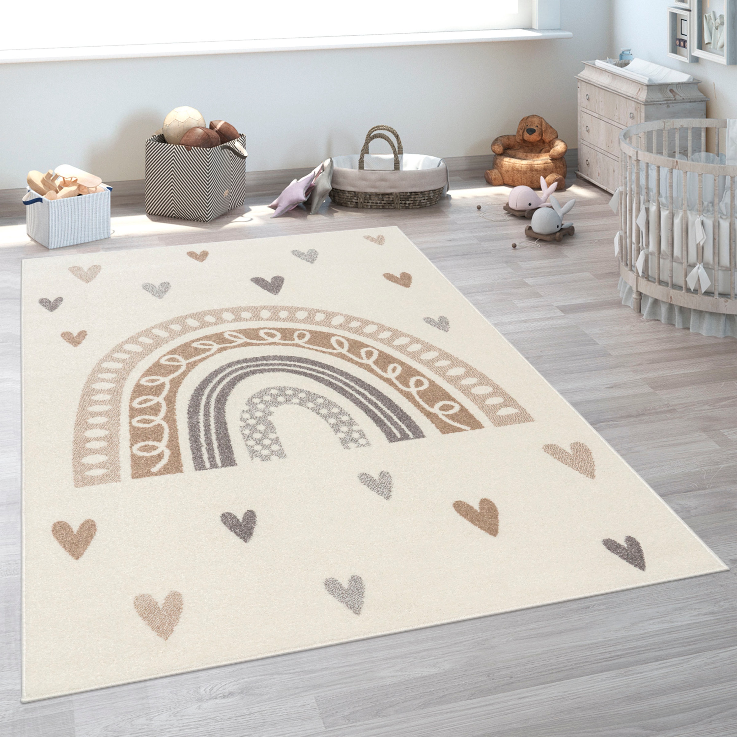 Paco Home Kinderteppich »Nino 887« rechteckig 13 mm Höhe Kurzflor, Spielteppich, Motiv Regenbogen & Herzen, Kinderzimmer