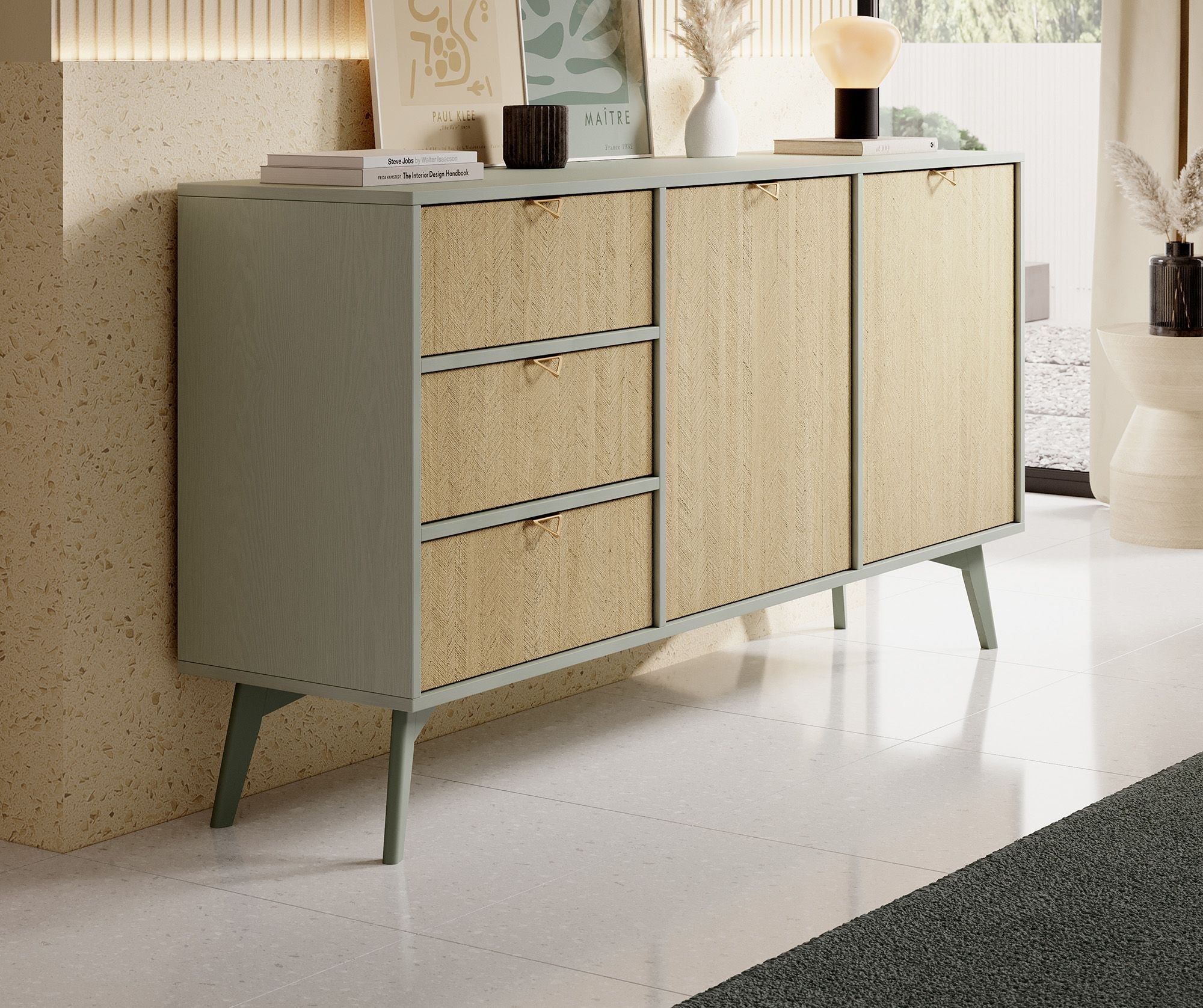 Meubella - Dressoir Essence - Groen - Licht eiken - 158 cm