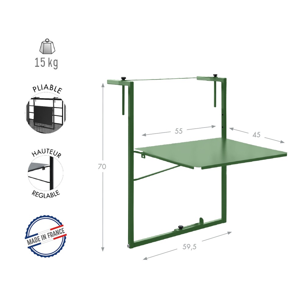 Table de balcon réglable soléa - 55x45 cm - vert pâle