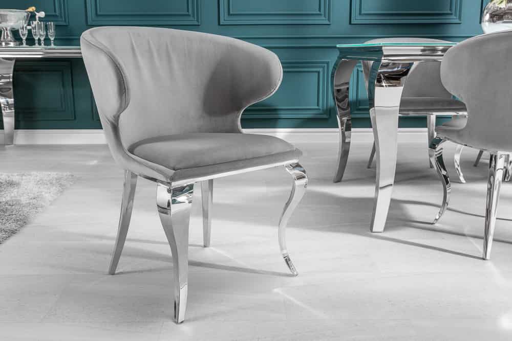 Eleganter Stuhl MODERN BAROCK II edel-grau Samt Edelstahlbeine