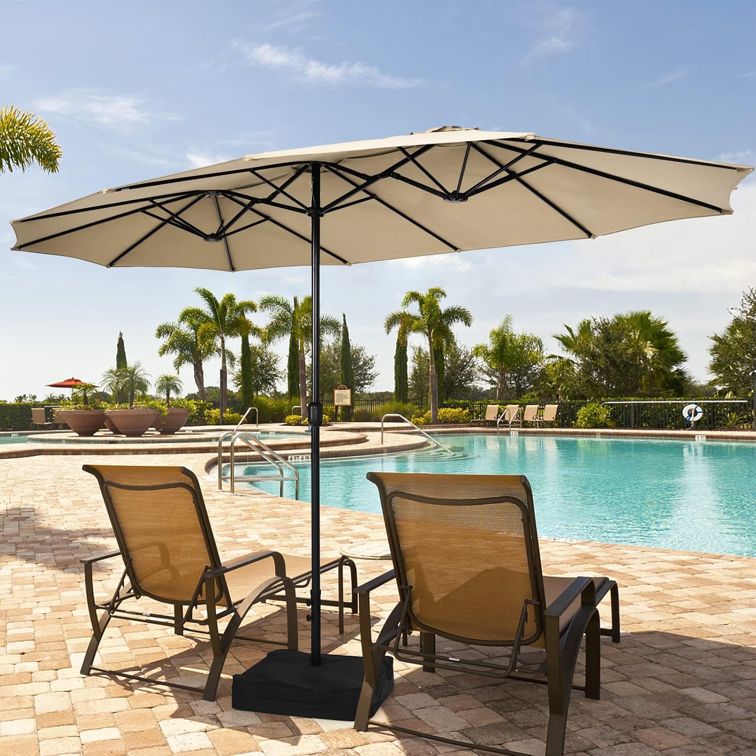 COSTWAY Doppelsonnenschirm mit Ständer, 451,5 x 264 cm, Sonnenschirm Groß XXL, UPF 50+, Gartenschirm mit Kurbel, Terrassenschirm, Marktschirm für Garten, Terrasse & Pool (Beige)