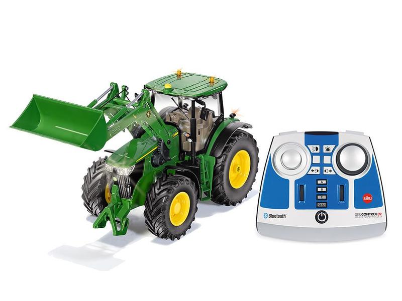 Siku Traktor John Deere 7310R mit Controller RTR, 1:32 Siku Control Traktor mit funktionsfähigem Frontlader und Bluetooth Fernsteuerung