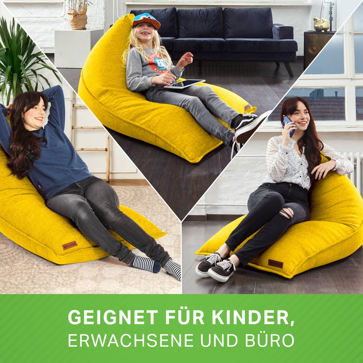 Green Bean Triangle Zitzak 150x100x100cm met 220 liter EPS-korrelvulling - Knuffelzacht en wasbaar - Binnenkussen van stof voor op de vloer, ligstoel en zitkussen - Geel