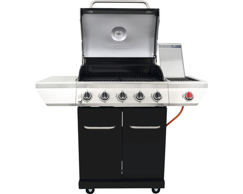 Nexgrill 5-pits gasbarbecue + zijbrander, zwart, inclusief opbergplank, dekselthermometer, geëmailleerde gietijzeren planchaplaat, vetopvangbak, grillpan, grillrooster, krachtige warmtezone, zijplank, warmhoudrek. Geëmailleerd gietijzeren grillrooste