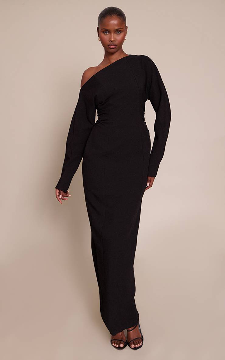 Noir Robe Maxi Plt Label À Taille Cintrée Avec Manches Chauve-souris Asymétriques