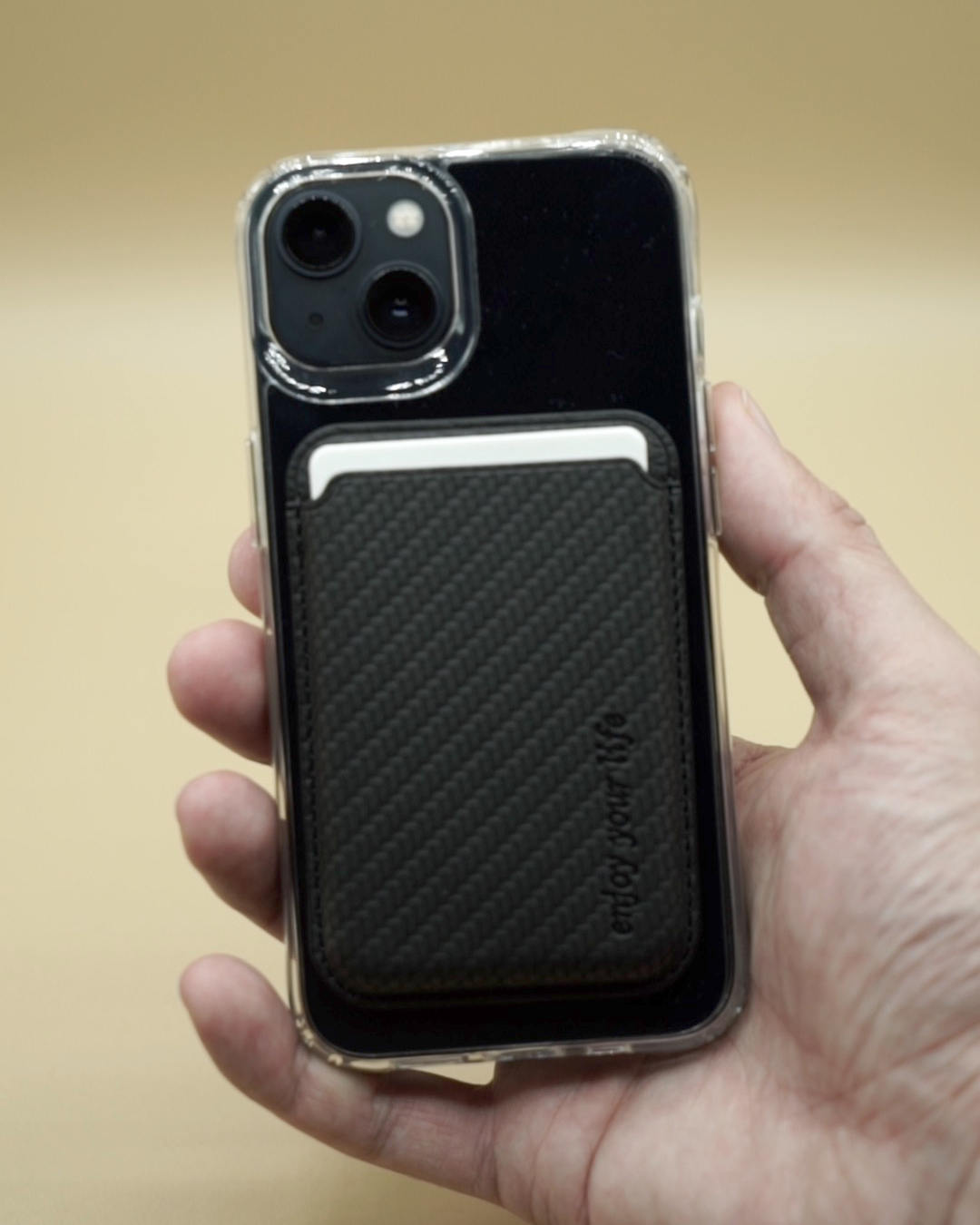 Magnetische MagSafe iPhone Leder Wallet Kreditkarten Halterung in Carbon Optik - Schwarz