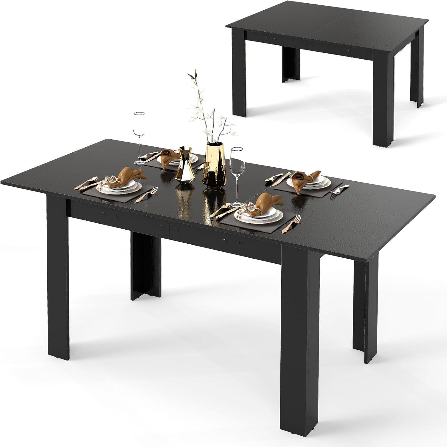 COSTWAY Esstisch ausziehbar, 120/158 x 70 cm, Küchentisch für 4-6 Personen, rechteckiger Esszimmertisch für Esszimmer, Küche, Schwarz