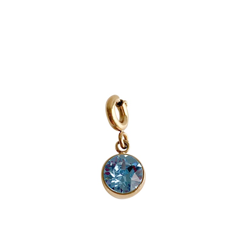 Charm pampille en acier doré avec cristal bleu aquamarine
