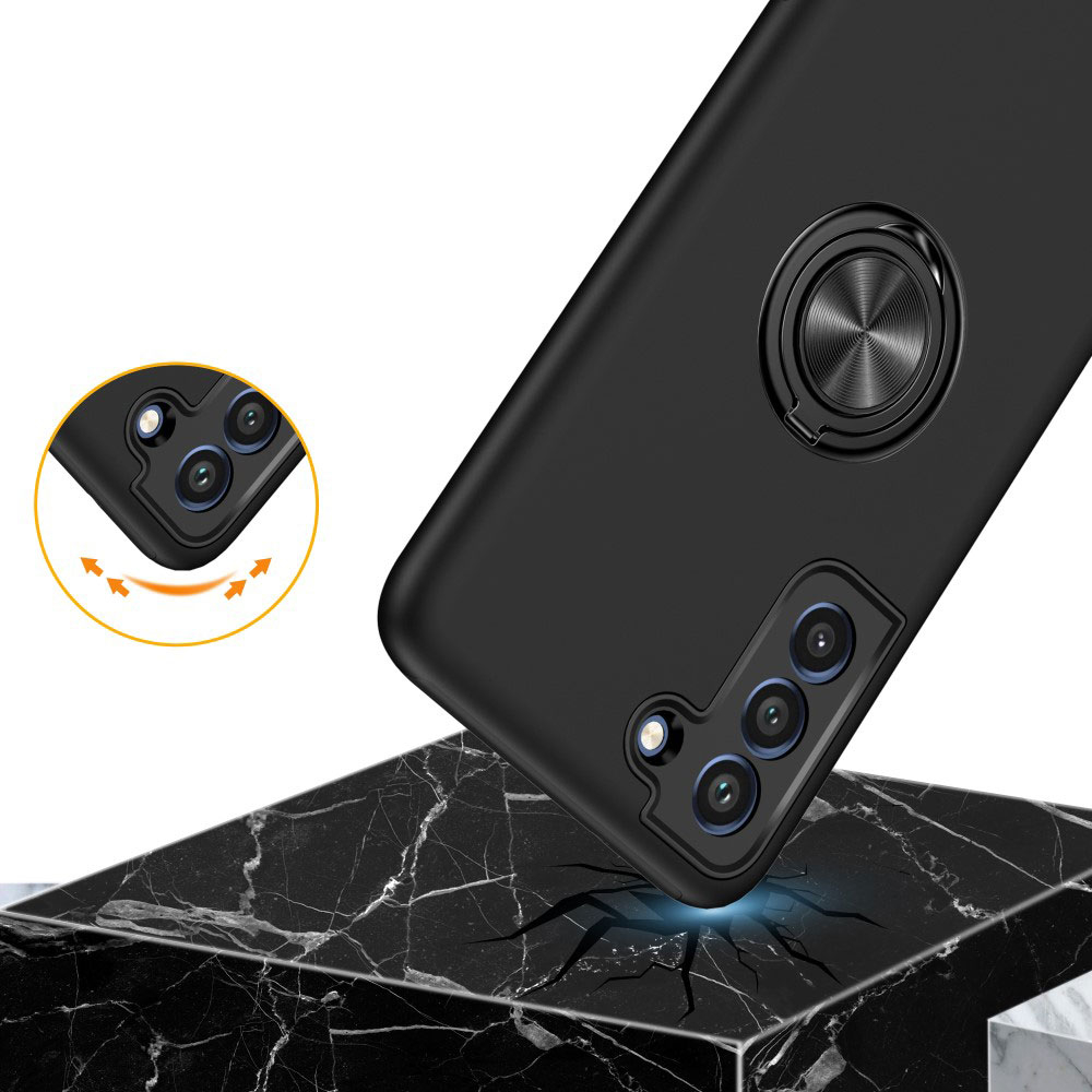Samsung Galaxy S21 FE 5G Hybrid Hardcase Hülle   Magnetischer Kickstand Haltering - Schwarz (Matt)