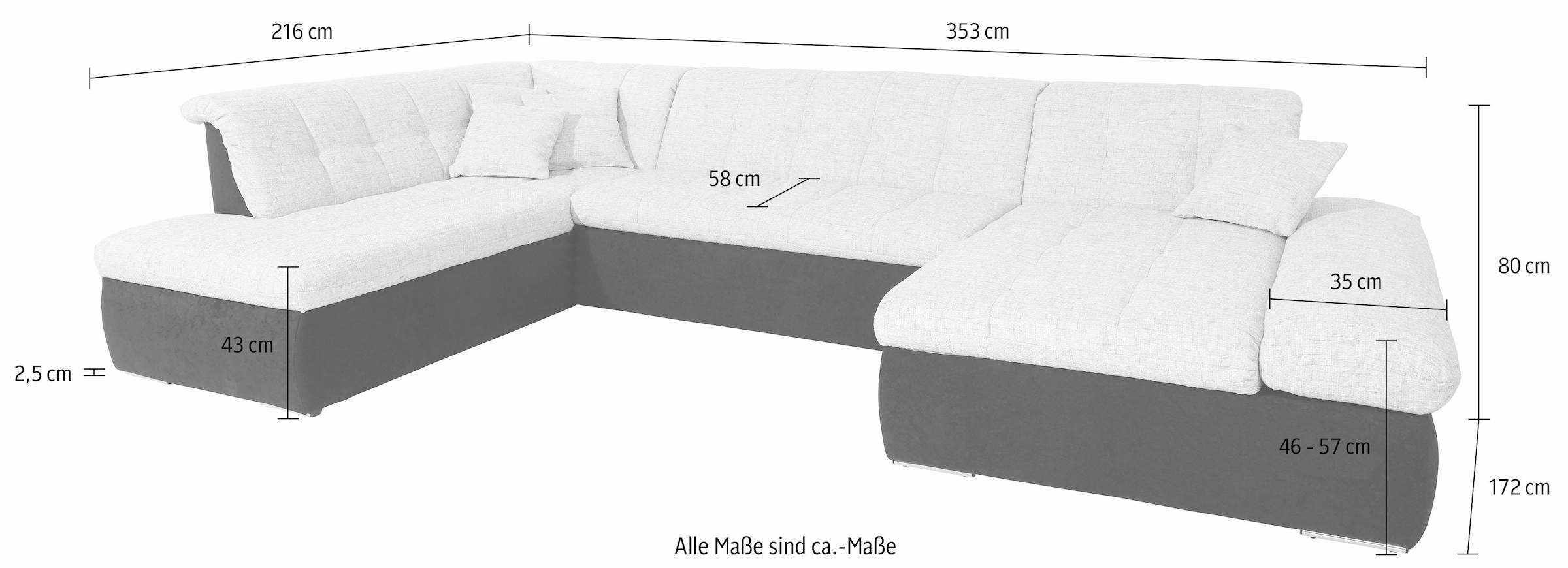 DOMO collection Wohnlandschaft »PB Moric wahlweise mit Bettfunktion und Armteilverstellung   U-Form« XXL-Format B/T/H: 353/216/80 cm, feine Steppung, incl. Zierkissen