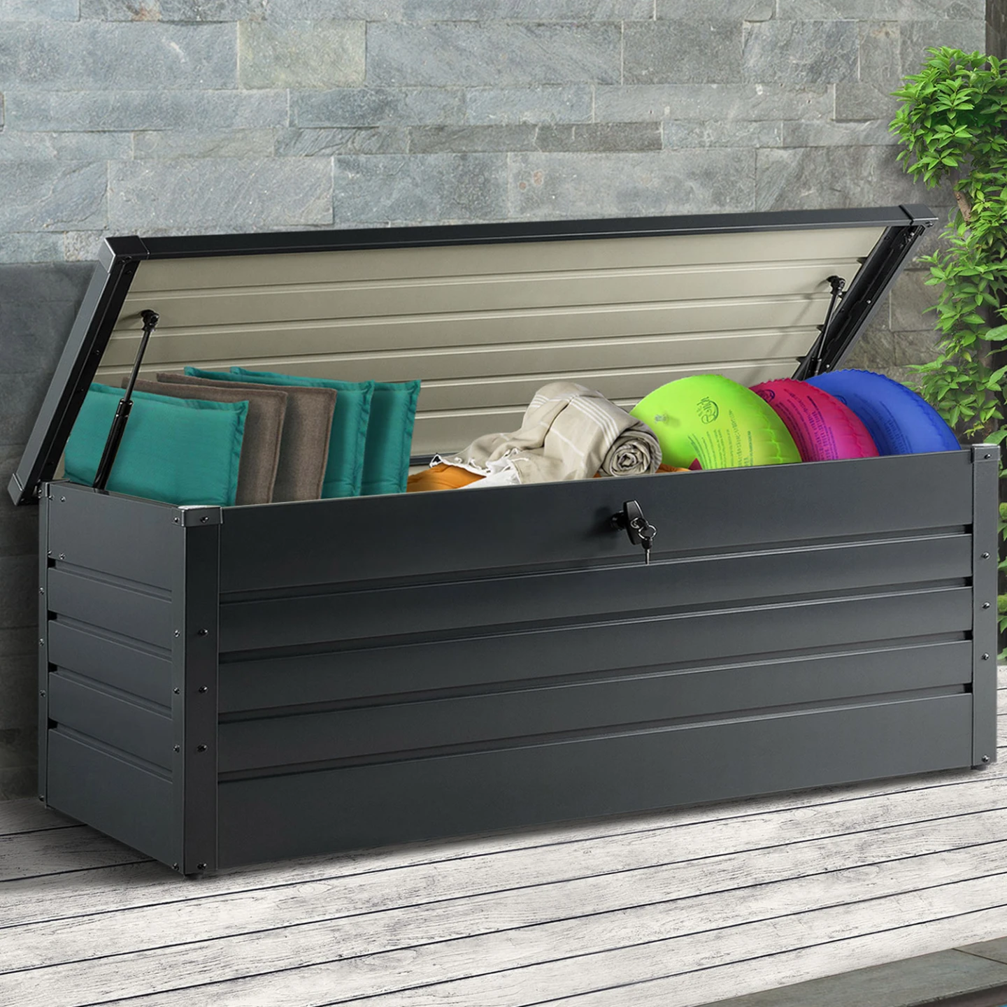 Coffre de rangement métal verrouillable gris anthracite pour jardin 600L 165x70x63 cm