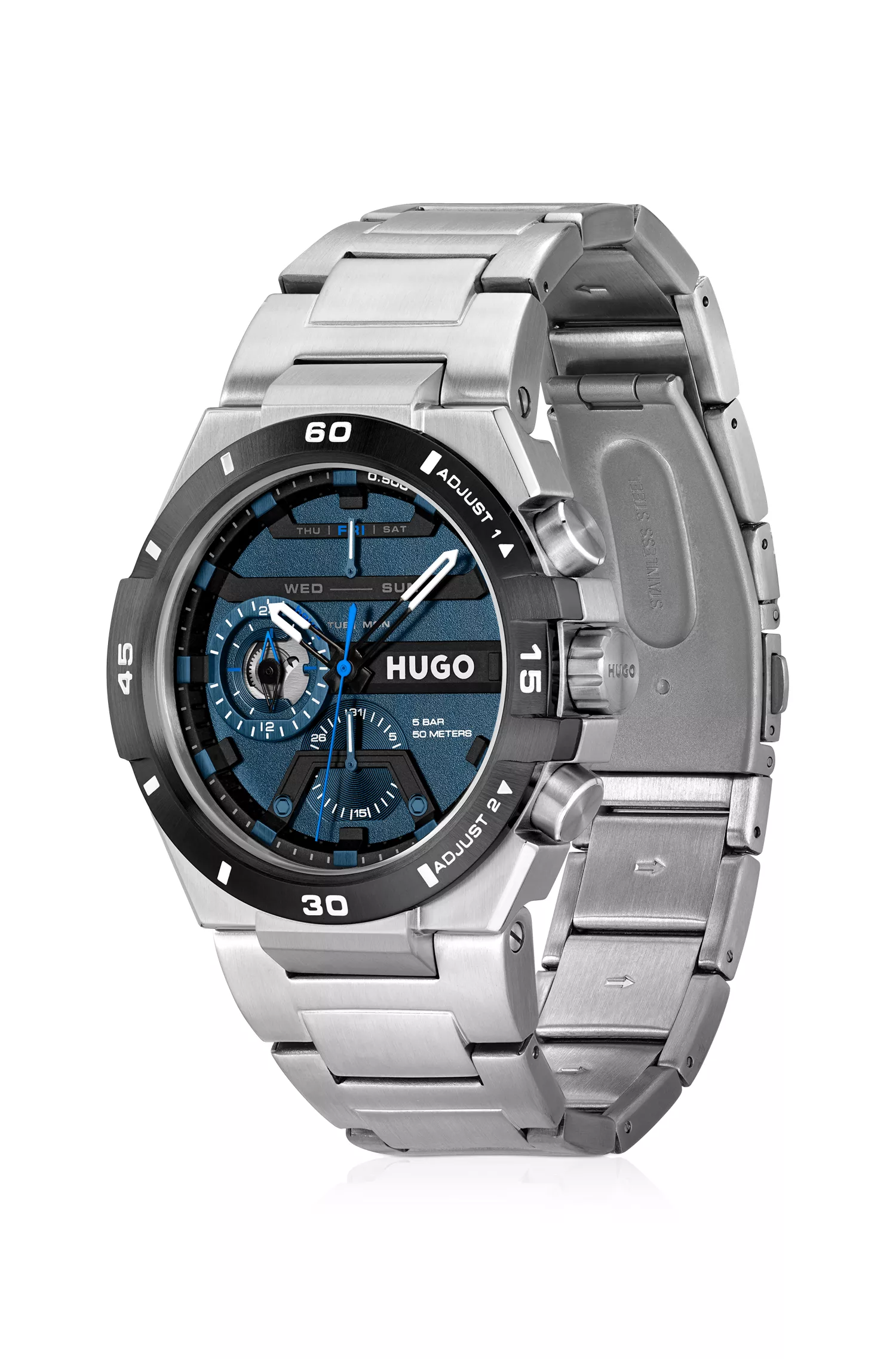 Relógio HUGO com pulseira de elos vermelhos e mostrador azul em camadas.