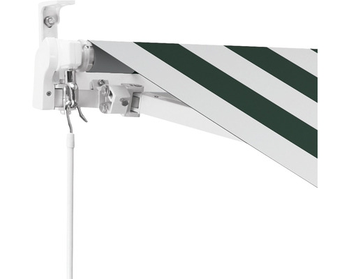 Knikarmscherm 3x2,5, gestreept doek groen/wit, frame RAL 9003 signaalwit
