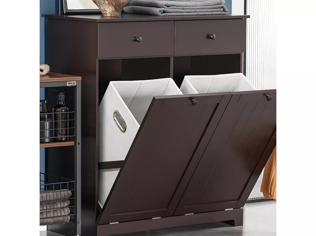SoBuy Meuble Bas de Salle de Bain Armoire Toilette avec 2 Tiroirs et 2 Paniers à Linge Meuble de Rangement Coffre à Linge L78xP38xH91cm, Marron, BZR33-BR