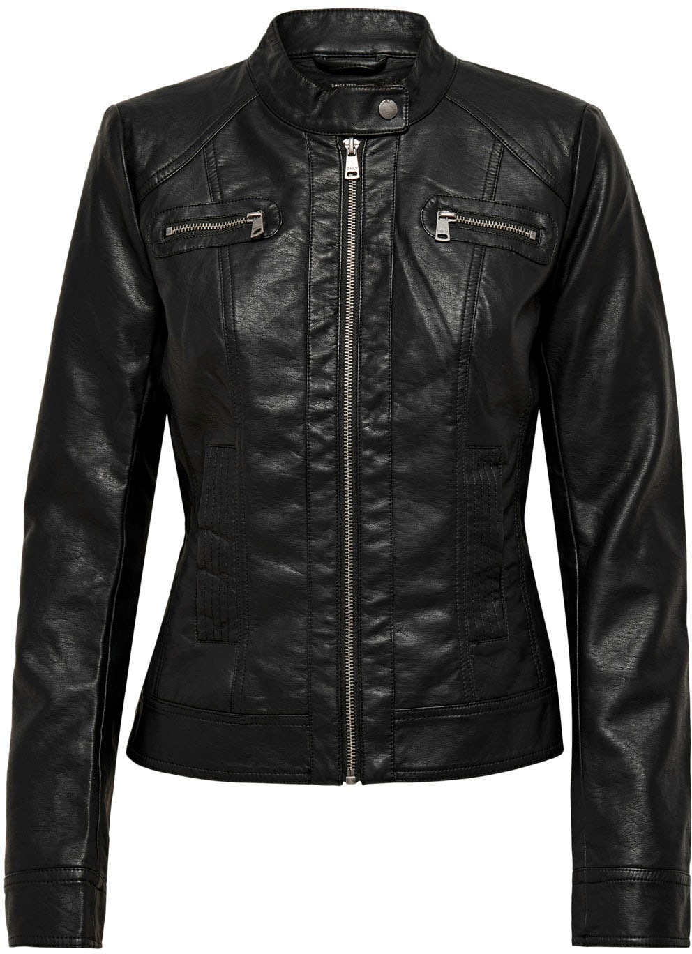 ONLY Lederimitatjacke »ONLBANDIT – Bikerjacke mit figurbetonter Form und Reissverschlüssen« unifarben, modisch, figurbetont, Lederimitat, Stehkragen