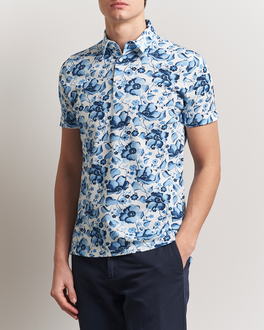 Stenströms Cotton Pique Printed Polo Shirt Blue