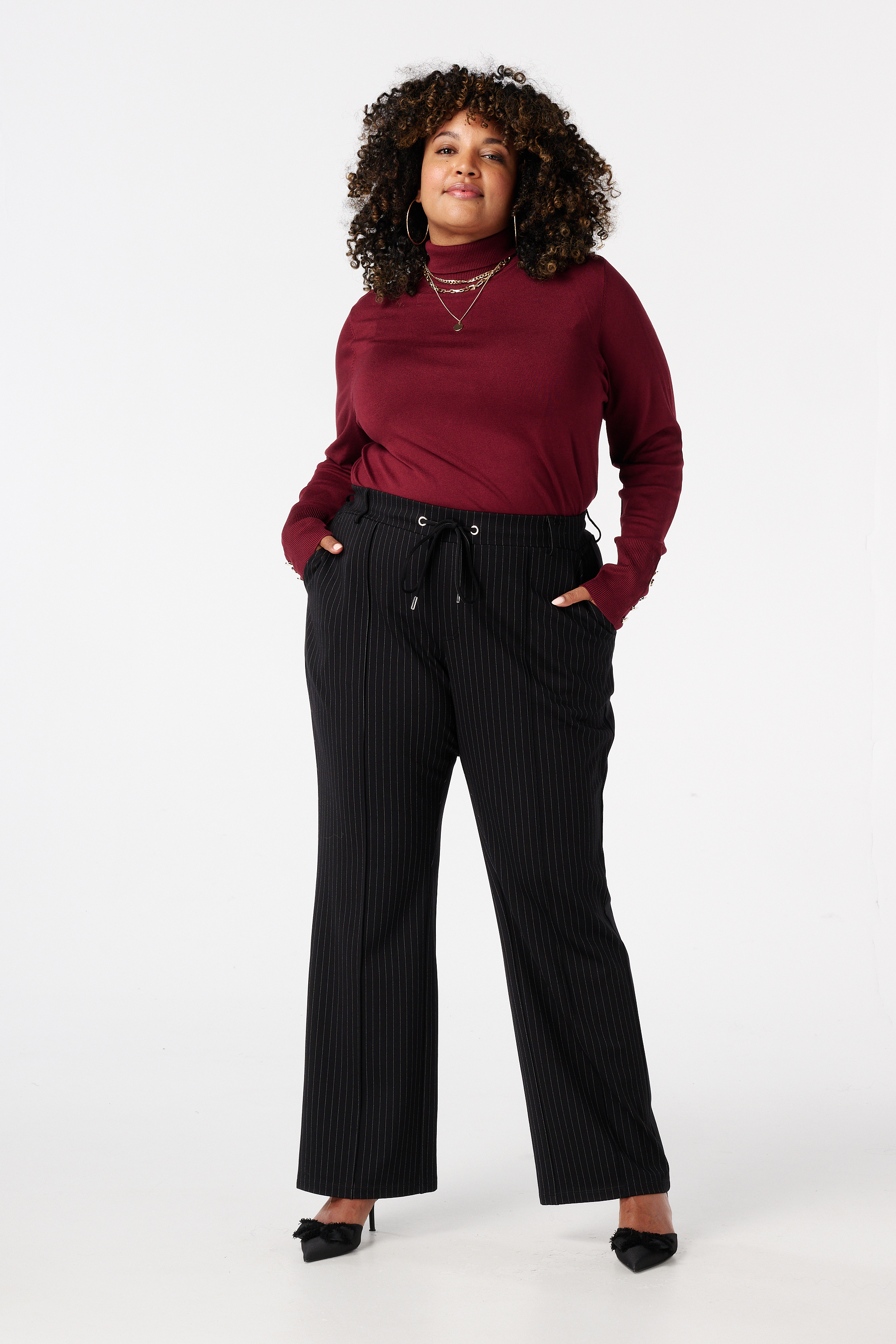 Broek met elastische taille en krijtstreep Multi zwart-wit
