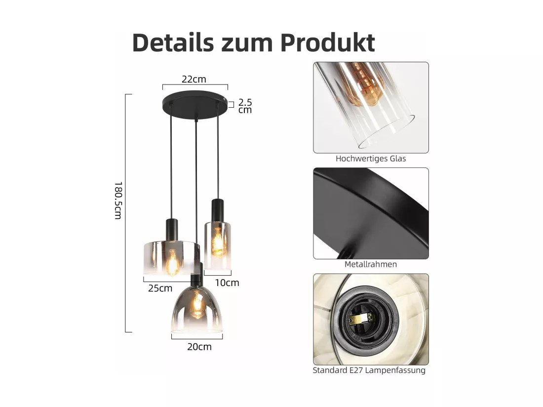 Lampe à Suspension Pour Table à Manger Vintage En Verre Gris Fumé E27 Réglable En Hauteur Pour Salon