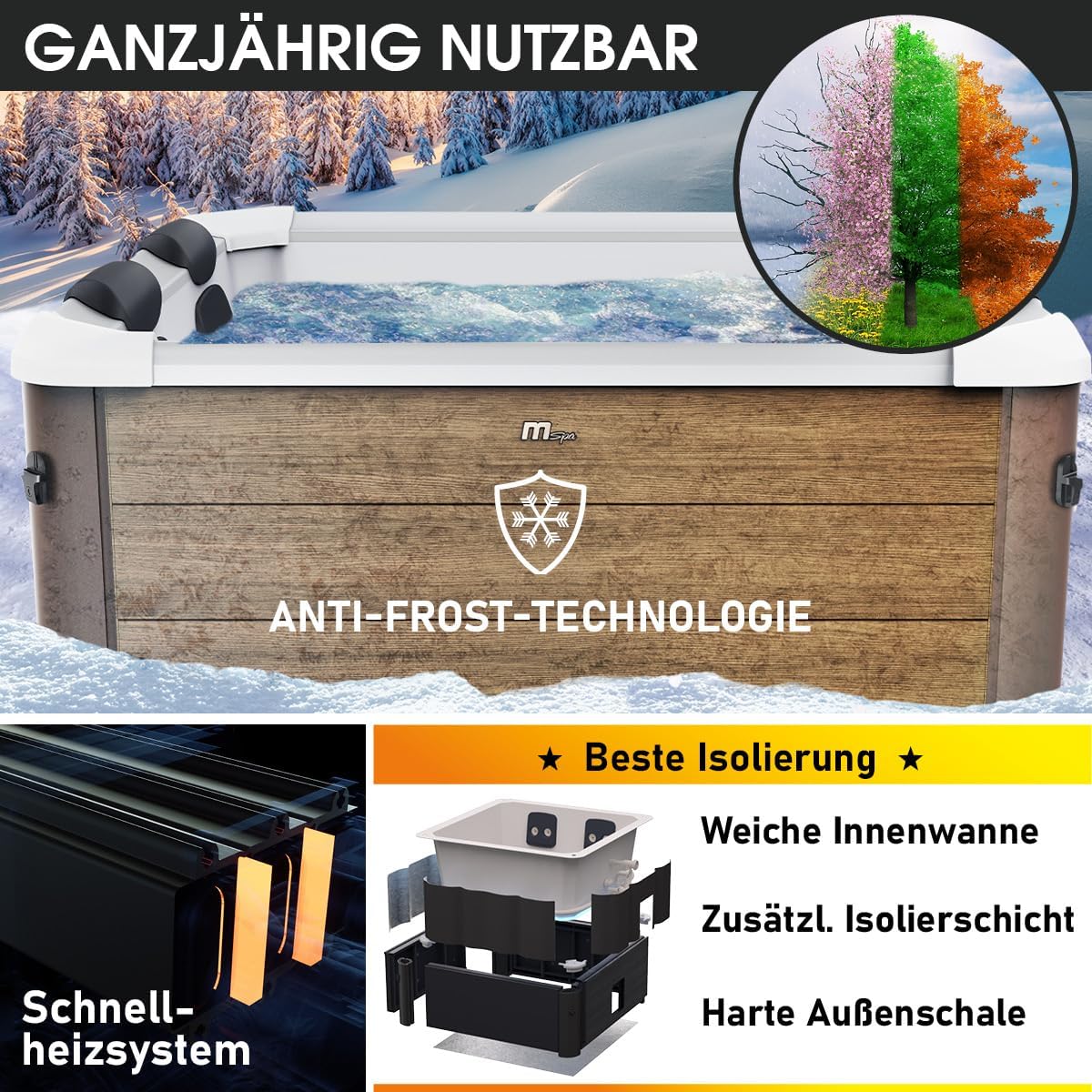 BRAST Whirlpool MSpa Amber Aero Plus mit Fester Außenwand | 180x180x65cm für 6 Personen | 140 Massagedüsen | LED-Beleuchtung in 20 Farben | Ganzjähriger Einsatz Winterfest | In & Outdoor Pool