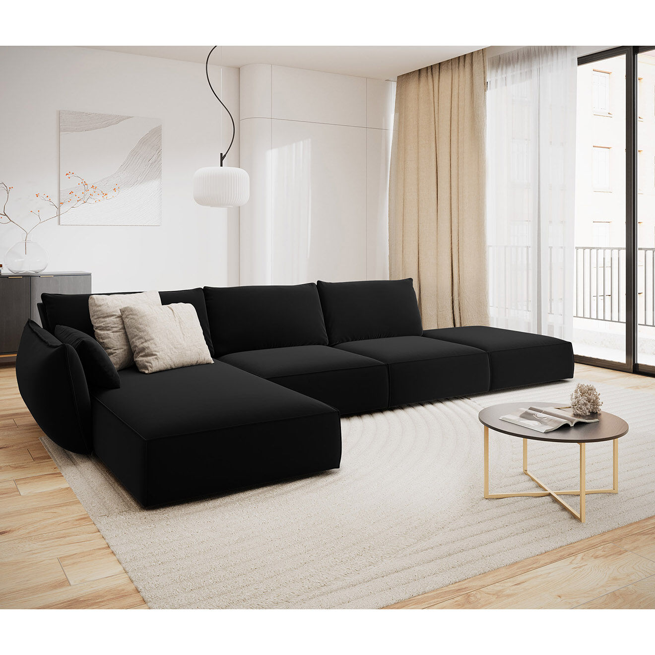 Mazzini Sofas Canapé d'angle gauche Velours Vanda 5 Places noir - 386x166x85 cm