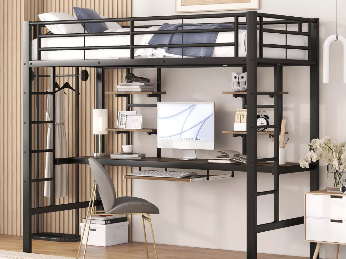 Lit mezzanine 90 x 200 cm avec bureau et 2 étagères pour enfants - métal et bois - noir + chêne