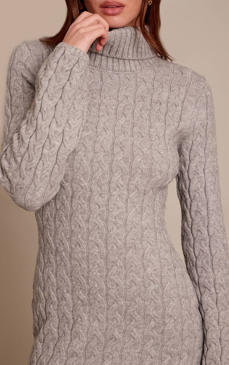 Gris Robe Synthétiquell Maxi Col Roulé En Maille Torsadée Épaisse
