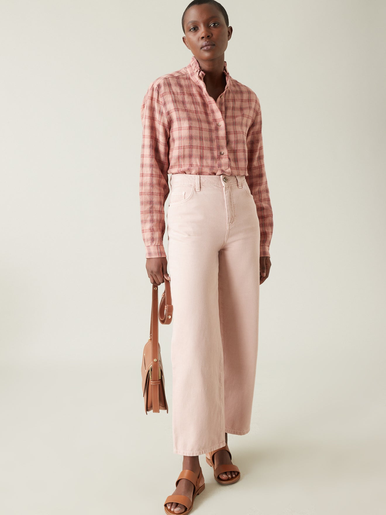 Blouse carreaux en lin femme col volanté
