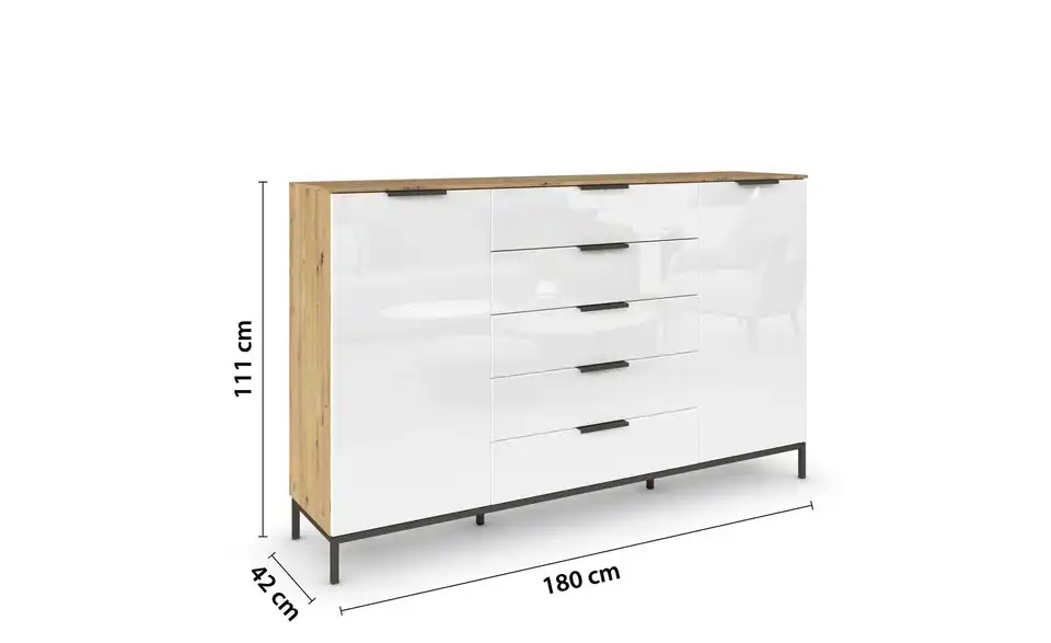 Highboard Weiß, Eiche Artisan (Nachbildung) Weiß, Eiche Artisan (Nachbildung) Front: Glas, Oberboden: Dekor 180 cm Graphit