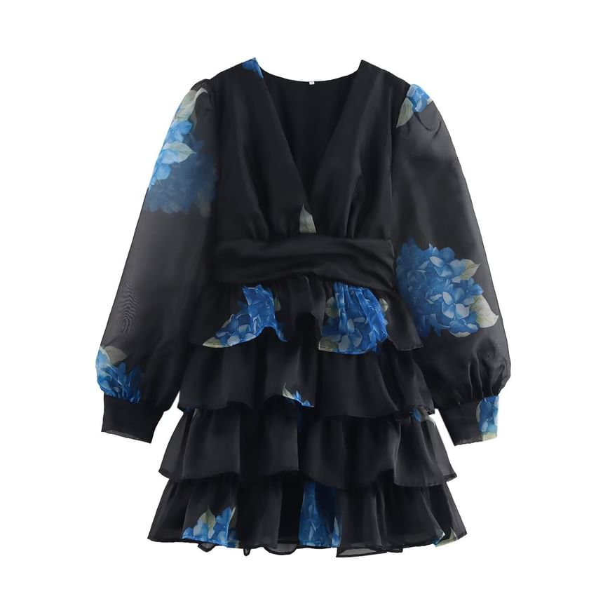 Cumulys - Mini A-lijn jurk met lange mouwen, V-hals en bloemenprint