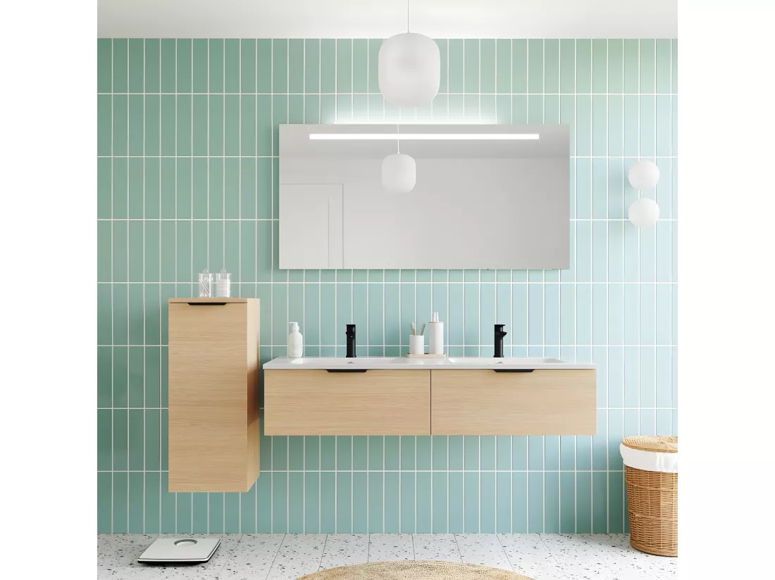 Meuble de salle de bain suspendu double vasque intégrée 140cm 2 tiroirs Chêne clair - Soho