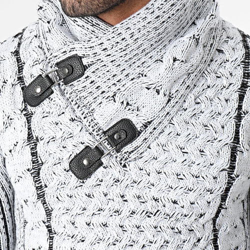 Pull Col Boutonné Blanc Noir