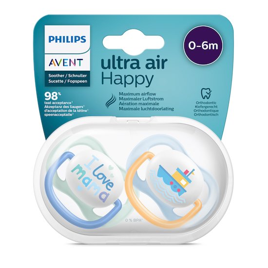 Lot 2 sucettes ultra air   I love mama et bateau        0-6 mois   de               Philips AVENT
