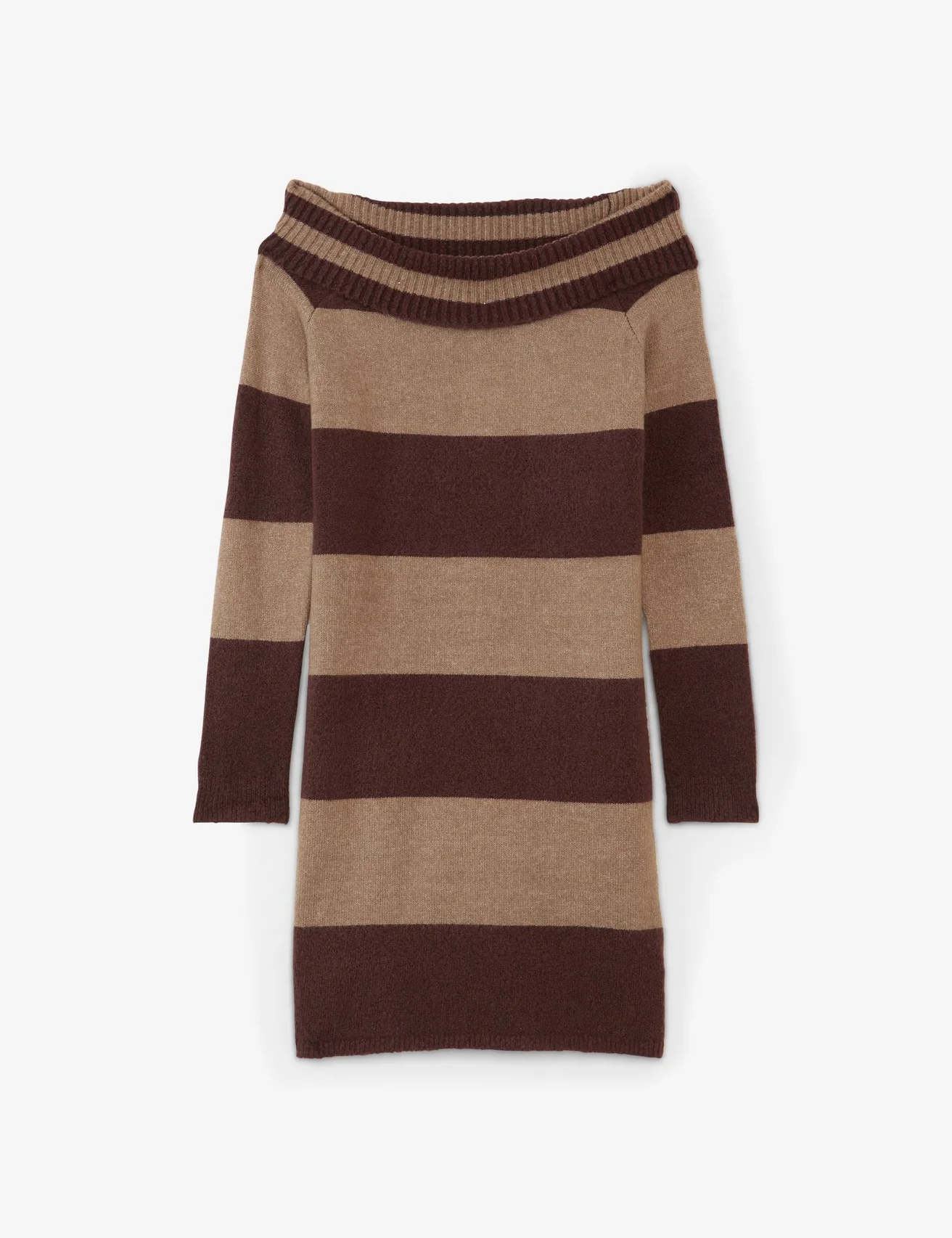 Robe pull courte col bardot à rayures marron
